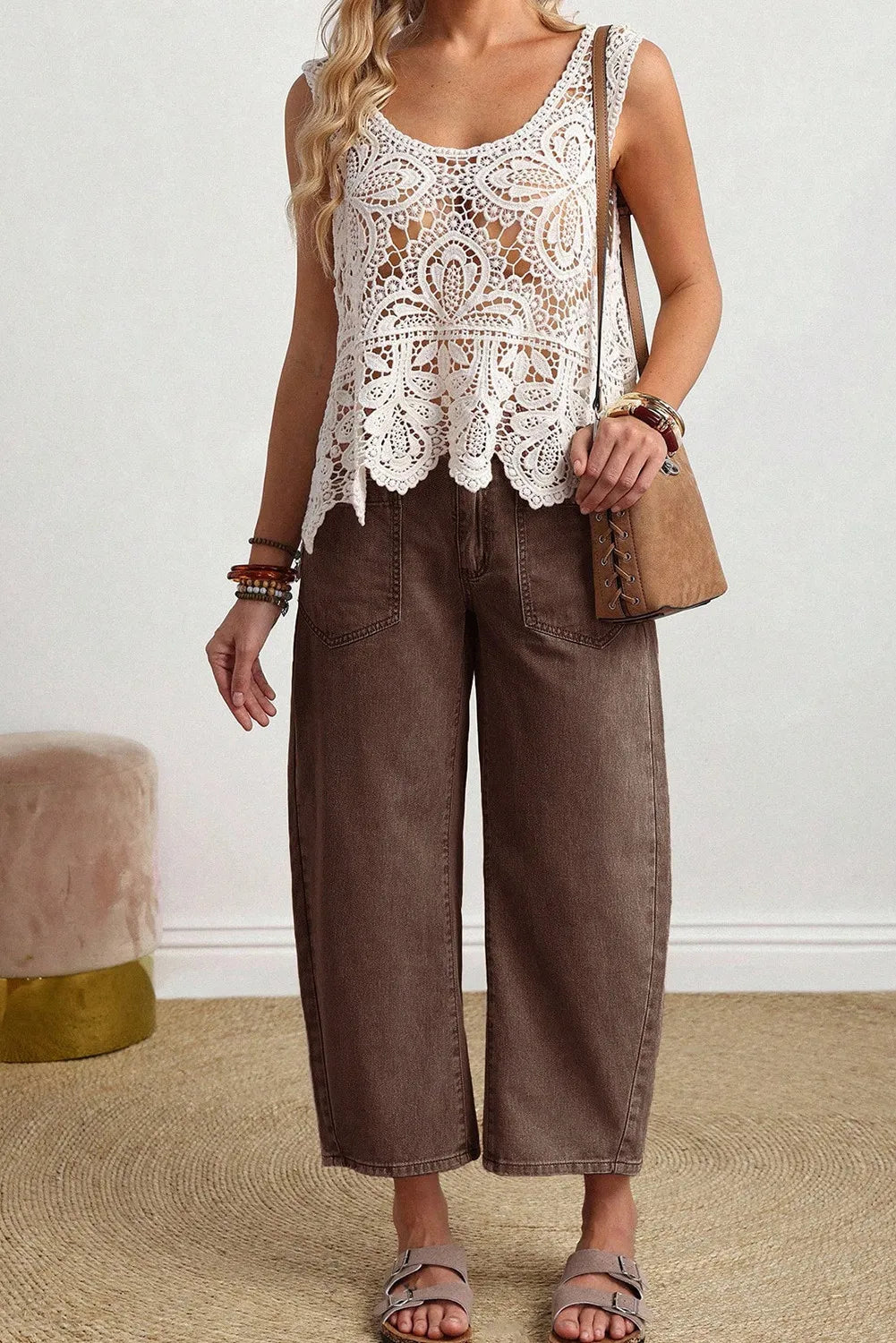 Miranda - Coffee Solid Color Square Patch Pocket Ankle-length Barrel Jeans