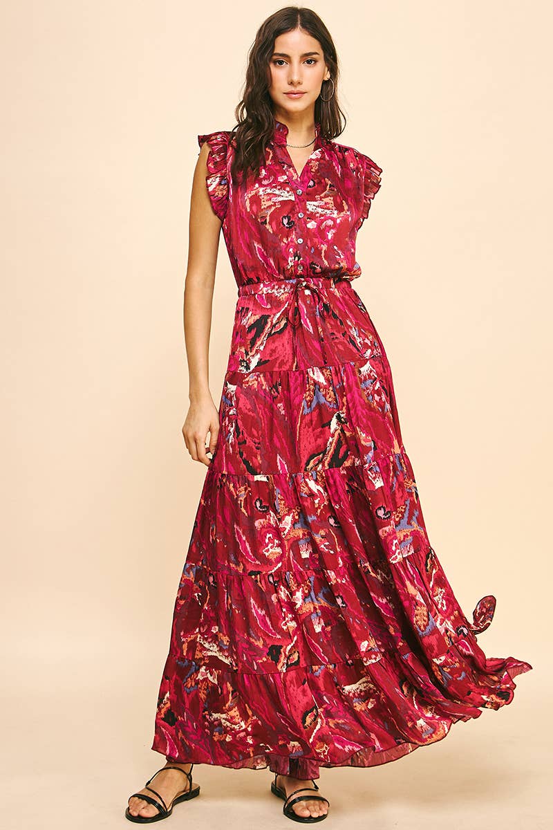 Deep Pink Satin Print Maxi Dress