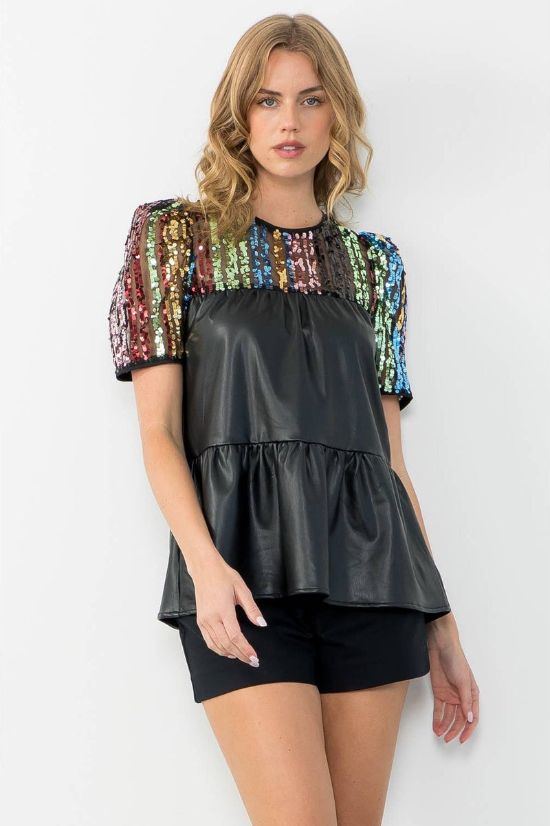 Sequin Detail Tiered Leather Top