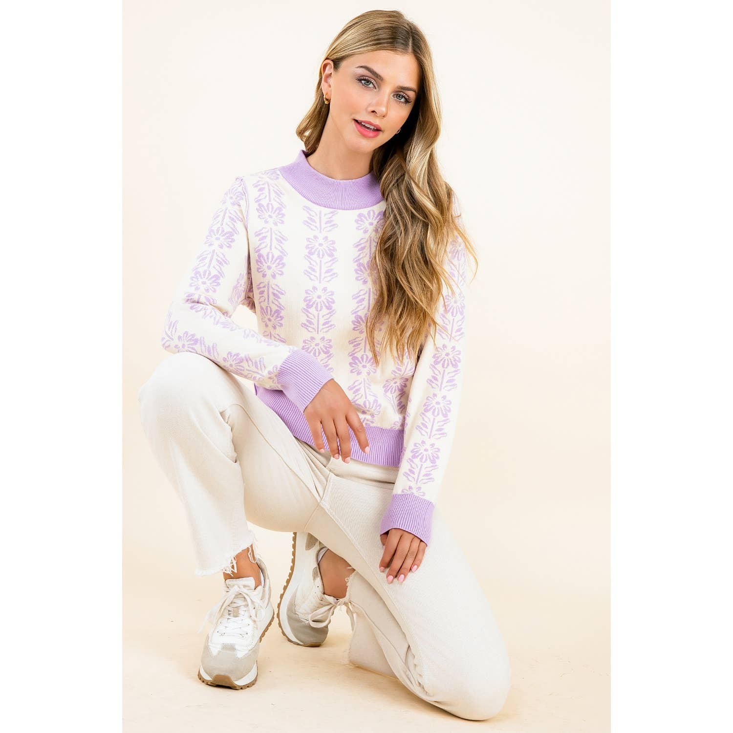 Leyla- Long Sleeve Floral Pattern Knit Pullover Sweater