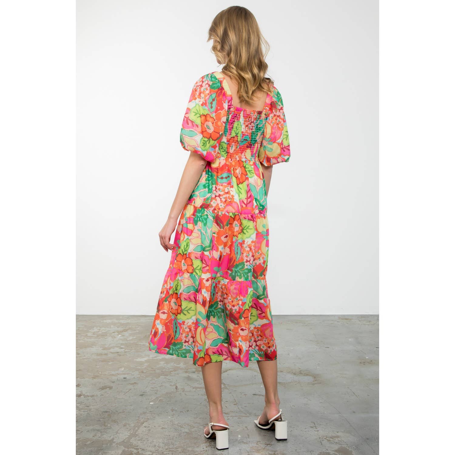 Massey - Puff Sleeve Floral Print Midi Dress