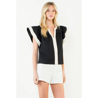 Rachel - Flutter Sleeve Contrast Trim V-Neck Top