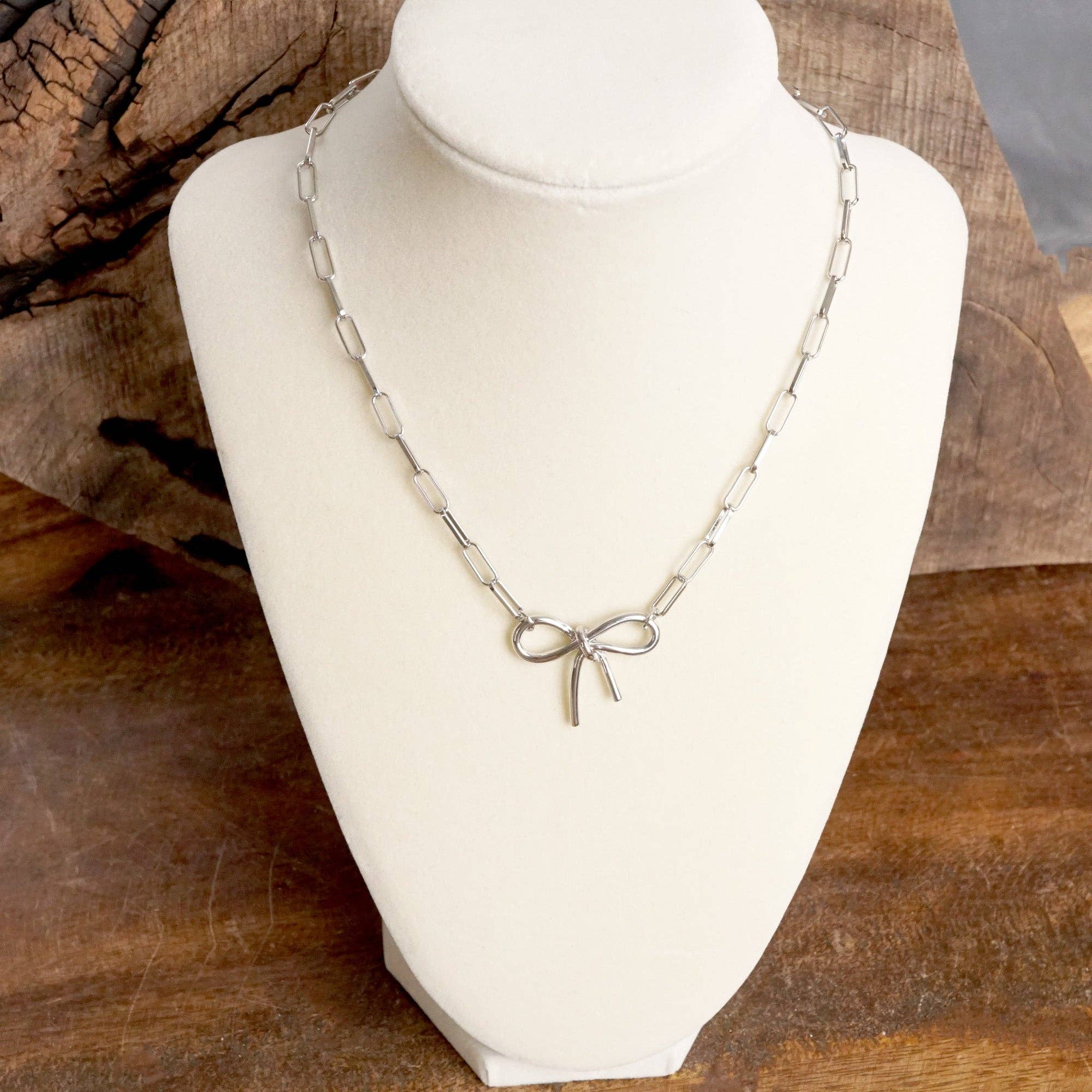 Silver Bow Necklace - Short Dainty Paperclip Chain