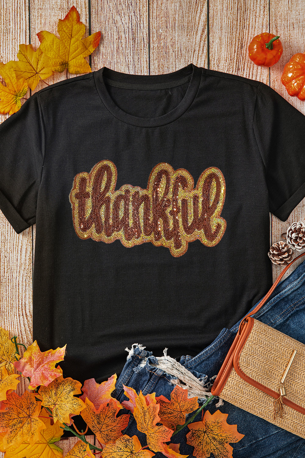Alison - Black Thankful Sequin Tee