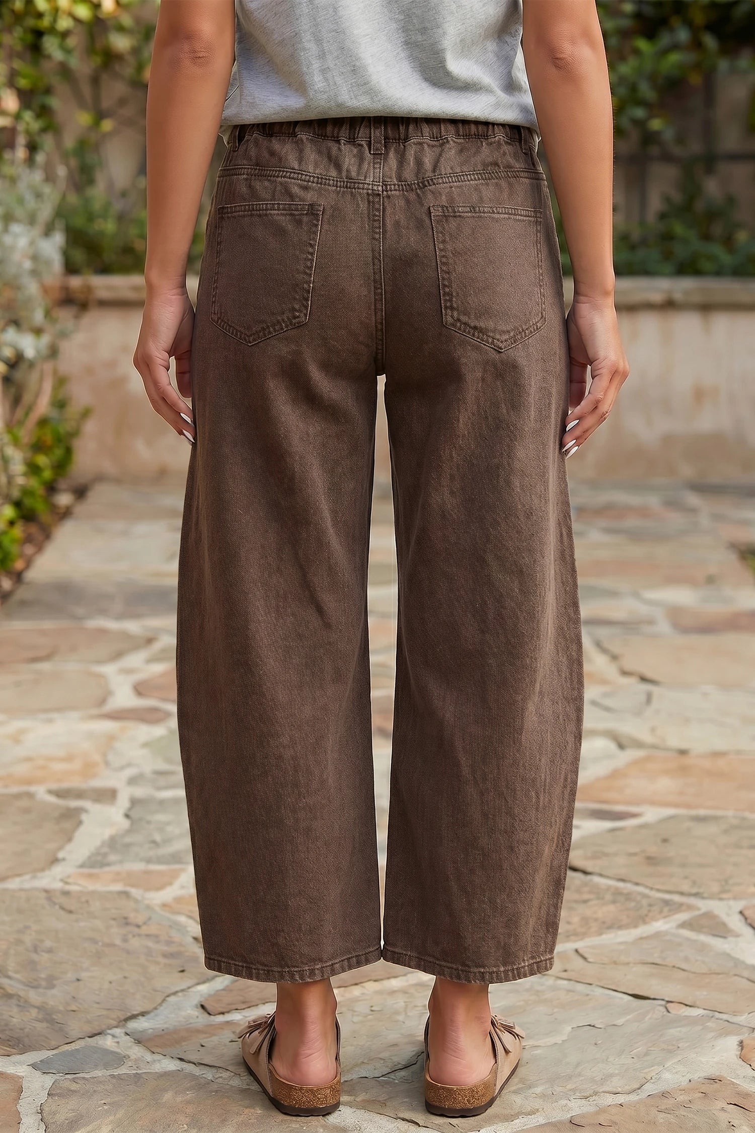 Miranda - Coffee Solid Color Square Patch Pocket Ankle-length Barrel Jeans