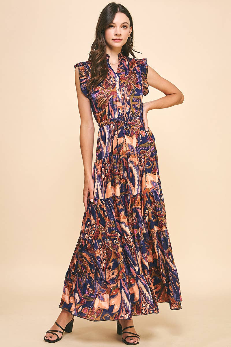 Navy Satin Print Maxi Dress