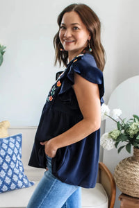 Zoey - Navy Blue Floral Embroidered Blouse