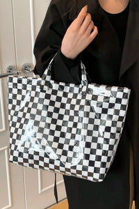 Black Plaid Glossy Waterproof Tote Bag - Large Shoulder Tote for Work, Travel & Everyday