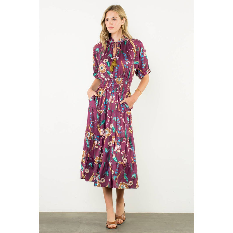 Presley-Smocked Waist Tassel Floral Maxi Dress