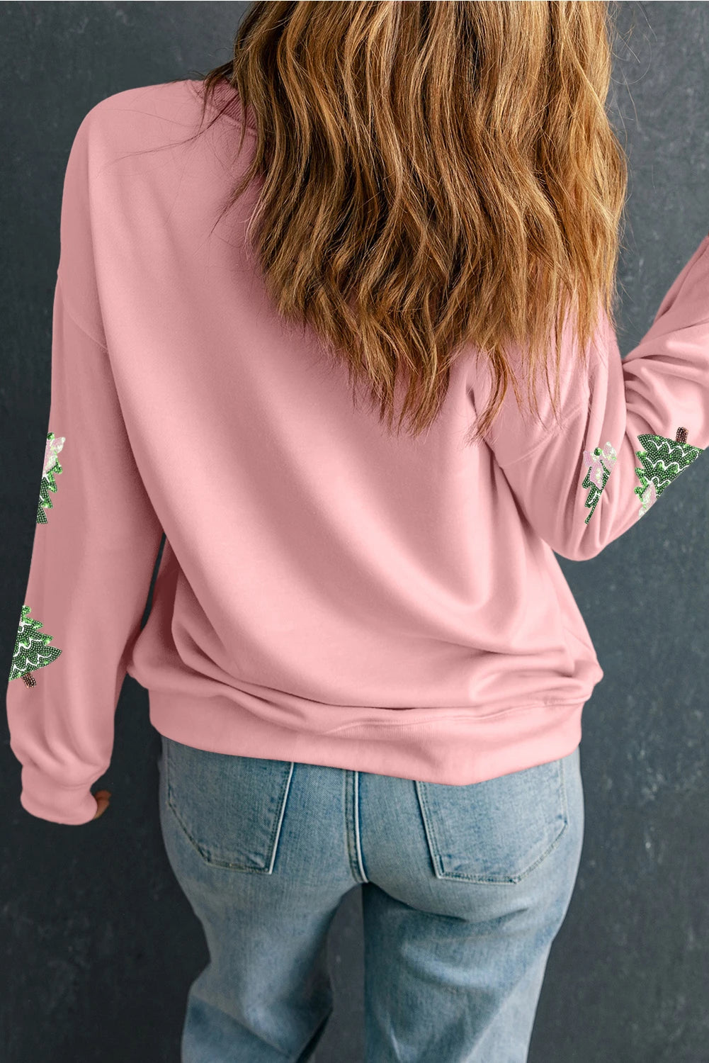 Pink Sequin Christmas Tree Sweatshirt – Festive Graphic Cotton Blend Pullover, Women's Cozy Holiday Sweatshirt