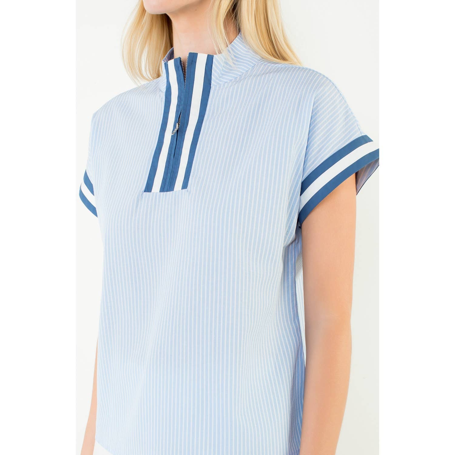 Ally-Short Sleeve Striped Half Zipper Top
