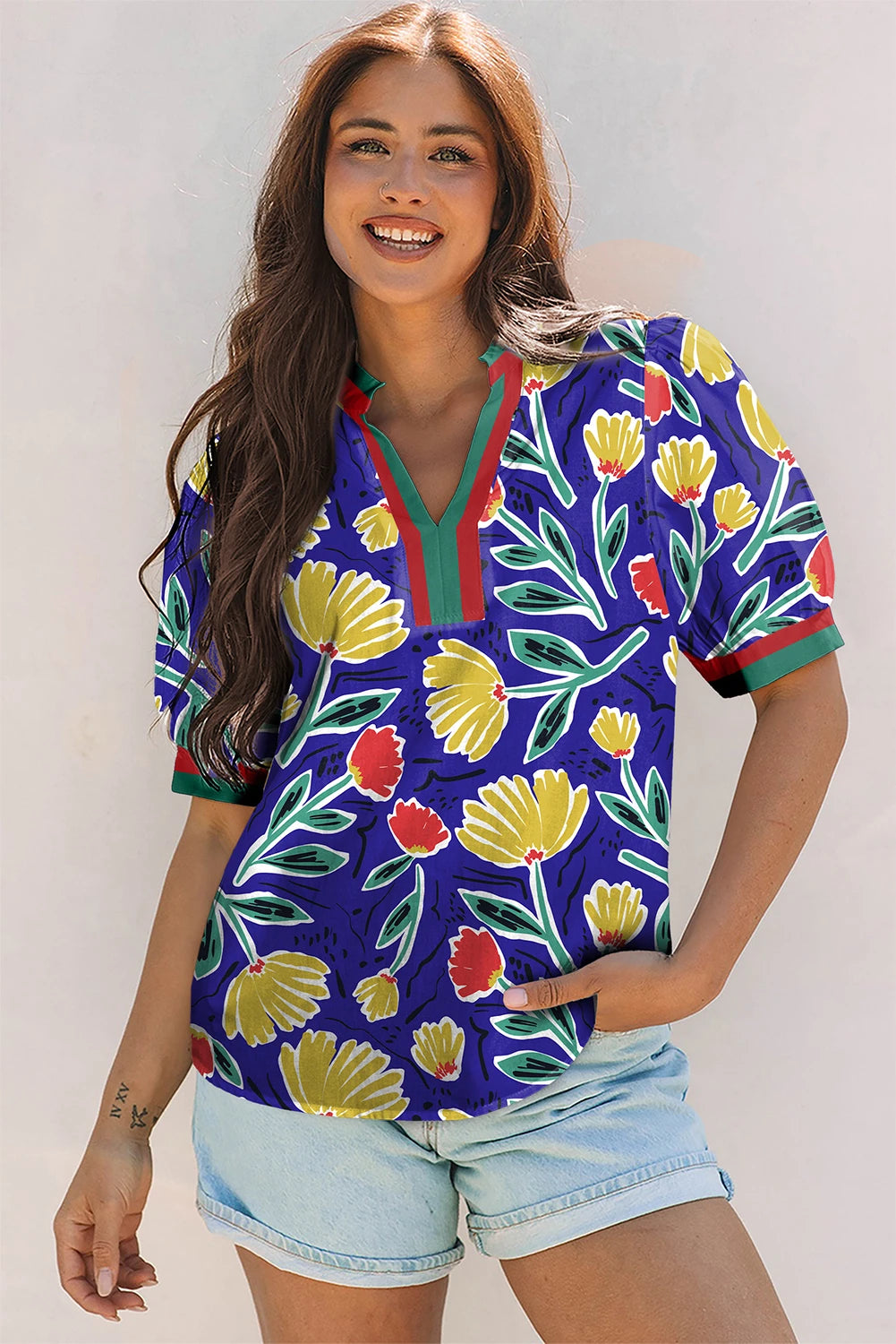 Trudy-Blue Wild Floral Printed Contrast Striped Patchwork V Neck Short Sleeve Blouse