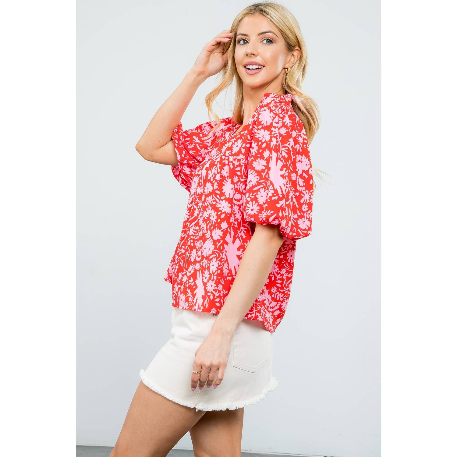 Angela - Puff Sleeve Flower Print Top