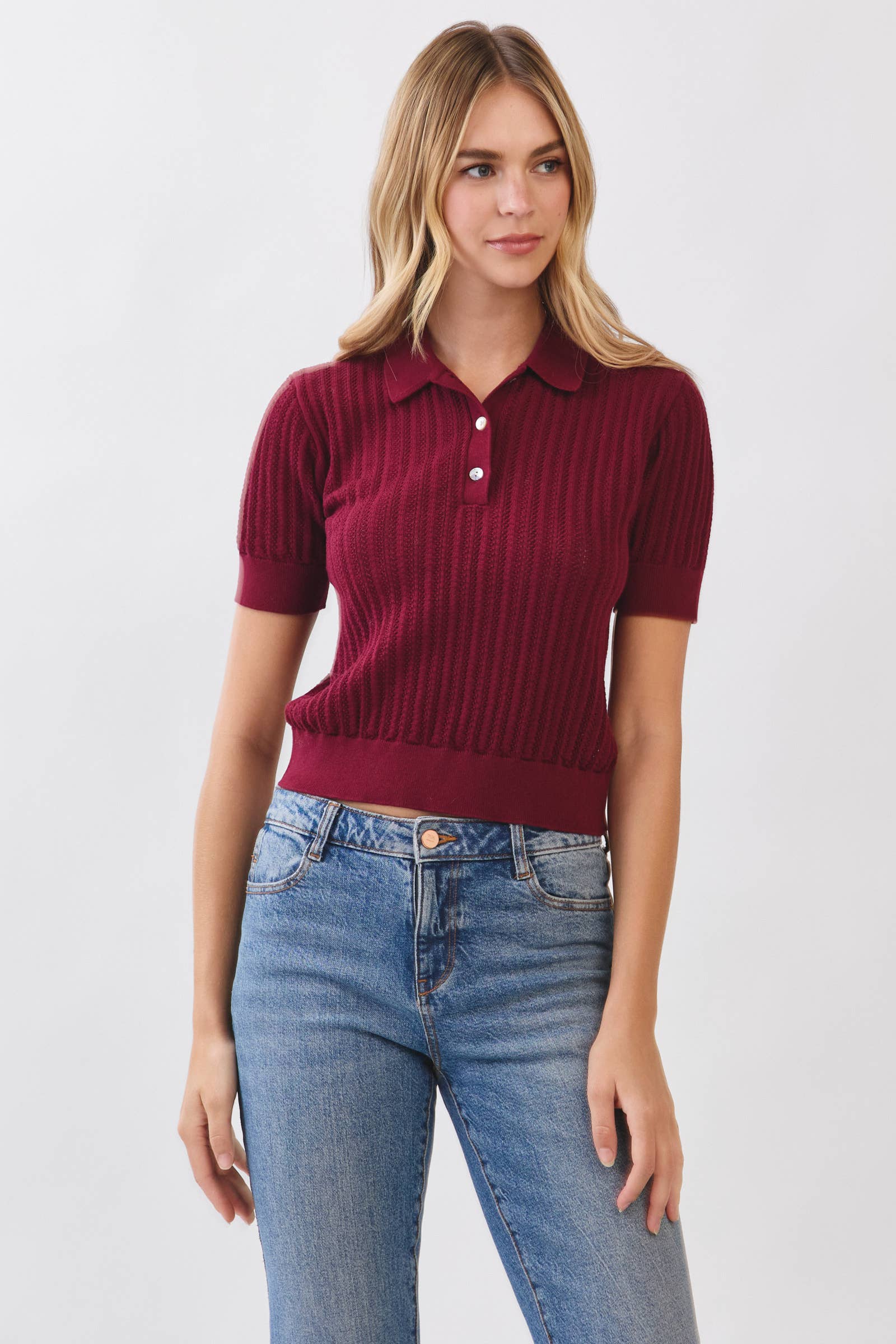 Kathleen - POINTELLE DETAILED POLO SWEATER