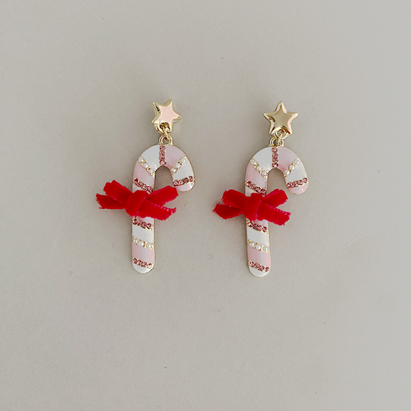 Candy cane earrings with red velvet bow, pink stripes