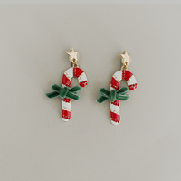 Candy cane earrings with green velvet bow, red stripes