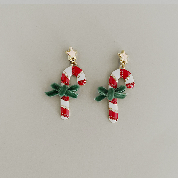 Candy cane earrings with green velvet bow, red stripes