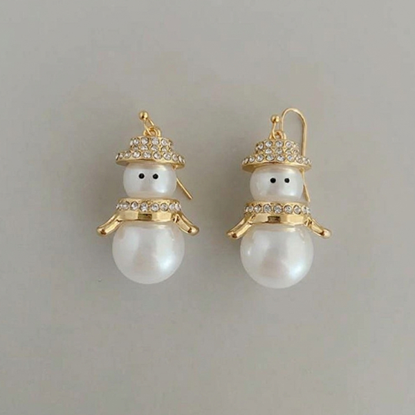 Gold snowman pearl rhinestone earrings