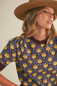 MAEBERRY - FLORAL PATTERN SHORT SLEEVE SWEATER