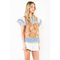McKenna - Flowy Sleeve Mixed Media V-Neck Top