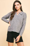 Beatrice- CABLE KNIT COLLARED SWEATER TOP - HEATHER GREY