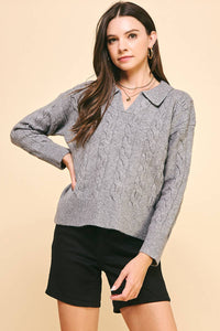 Beatrice- CABLE KNIT COLLARED SWEATER TOP - HEATHER GREY