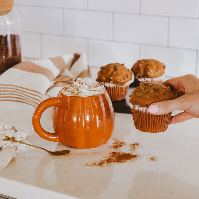 Orange Pumpkin Coffee Mug with Caramel Apple Cinnamon Mug Muffin Mix