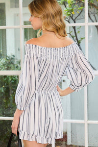 Josie - Off Shoulder Bubble Sleeve Elastic Stripe Romper