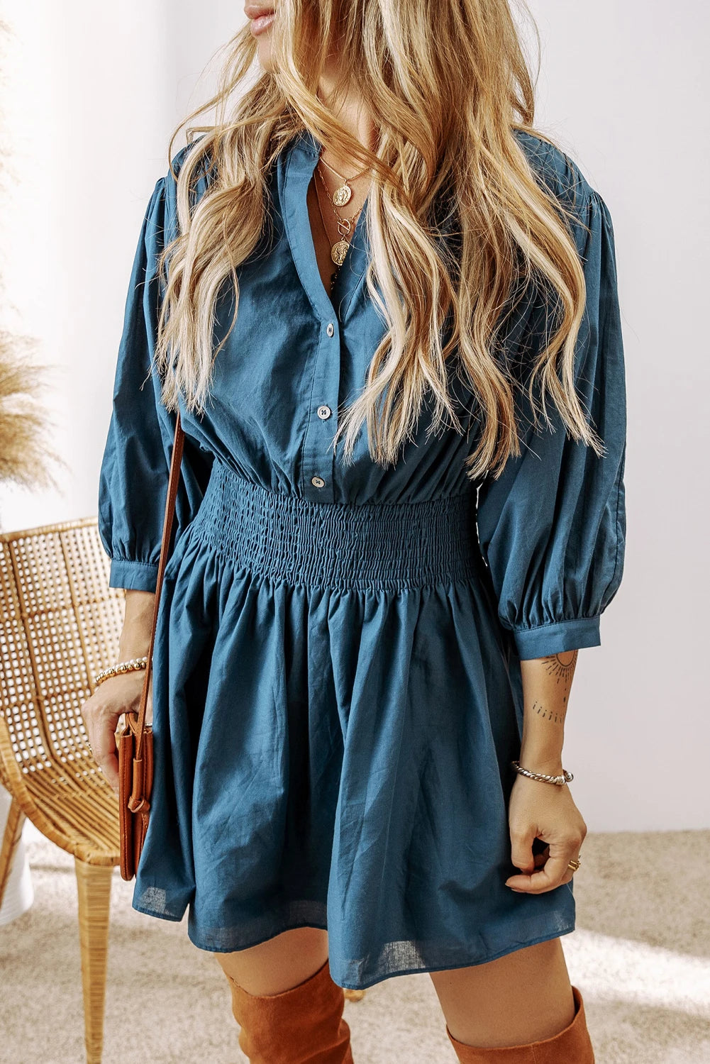 Tammy - Prussian Blue 3/4 Sleeve Shirred High Waist Buttoned Mini Dress