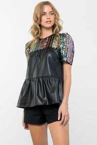 Sequin Detail Tiered Leather Top