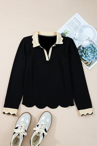 Black Collared Color Block Scallop Trim Long Sleeve Top