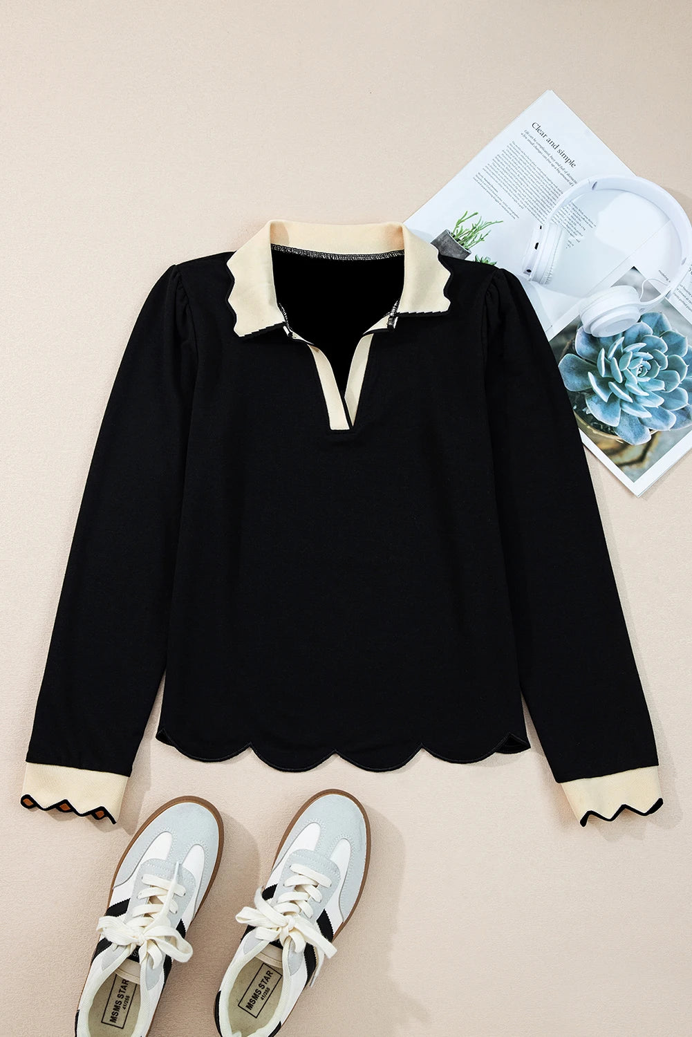 Black Collared Color Block Scallop Trim Long Sleeve Top