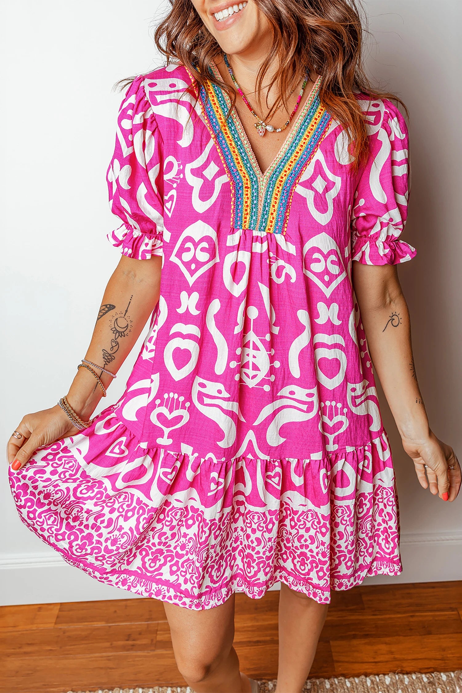 Jellie - Pink Boho Embroidered V-Neck Short Sleeve Flared Mini Dress