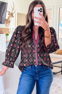 Caroline - Black Vintage Floral Blouse - Contrast V-Neck Bracelet Sleeve Top