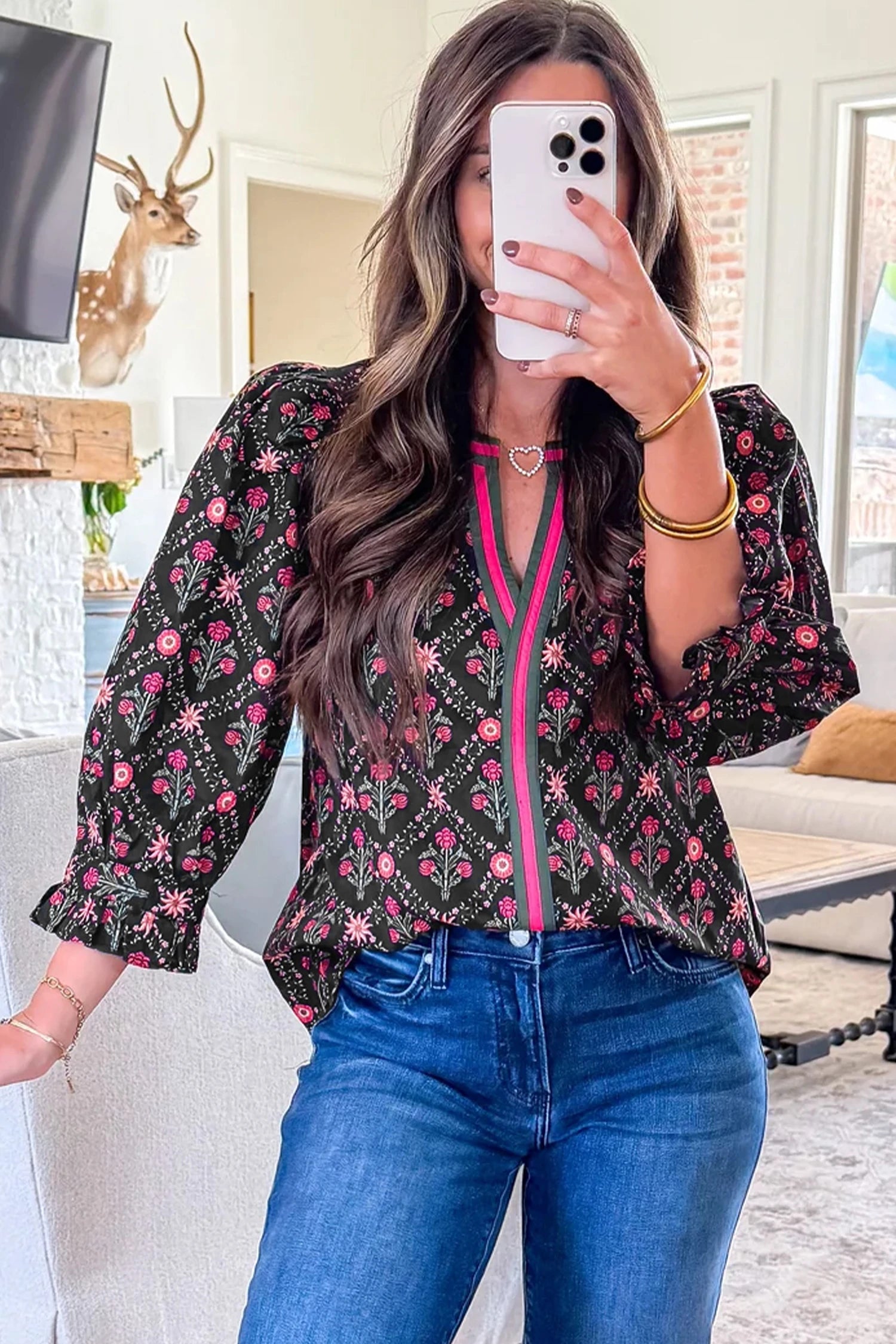 Caroline - Black Vintage Floral Blouse - Contrast V-Neck Bracelet Sleeve Top