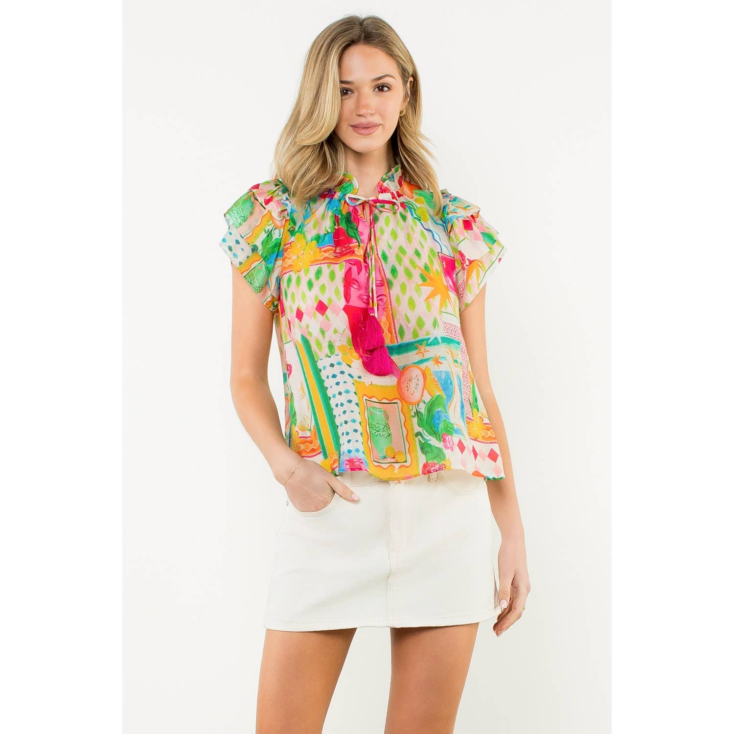 Tara - Tassel Tie Flutter Sleeve Floral Top