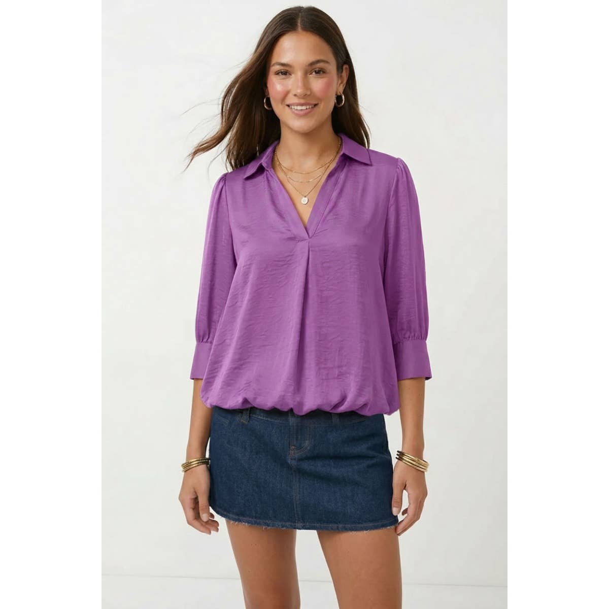 Maleigh - Viola Half Sleeve Hi-lo Bubble Hem Blouse