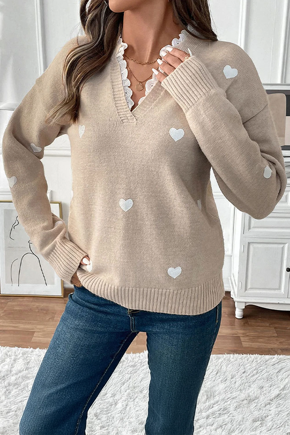 Gail - Khaki Heart Print Lace V-Neck Sweater