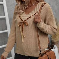 V-Neck Bow Lace-up Sweater