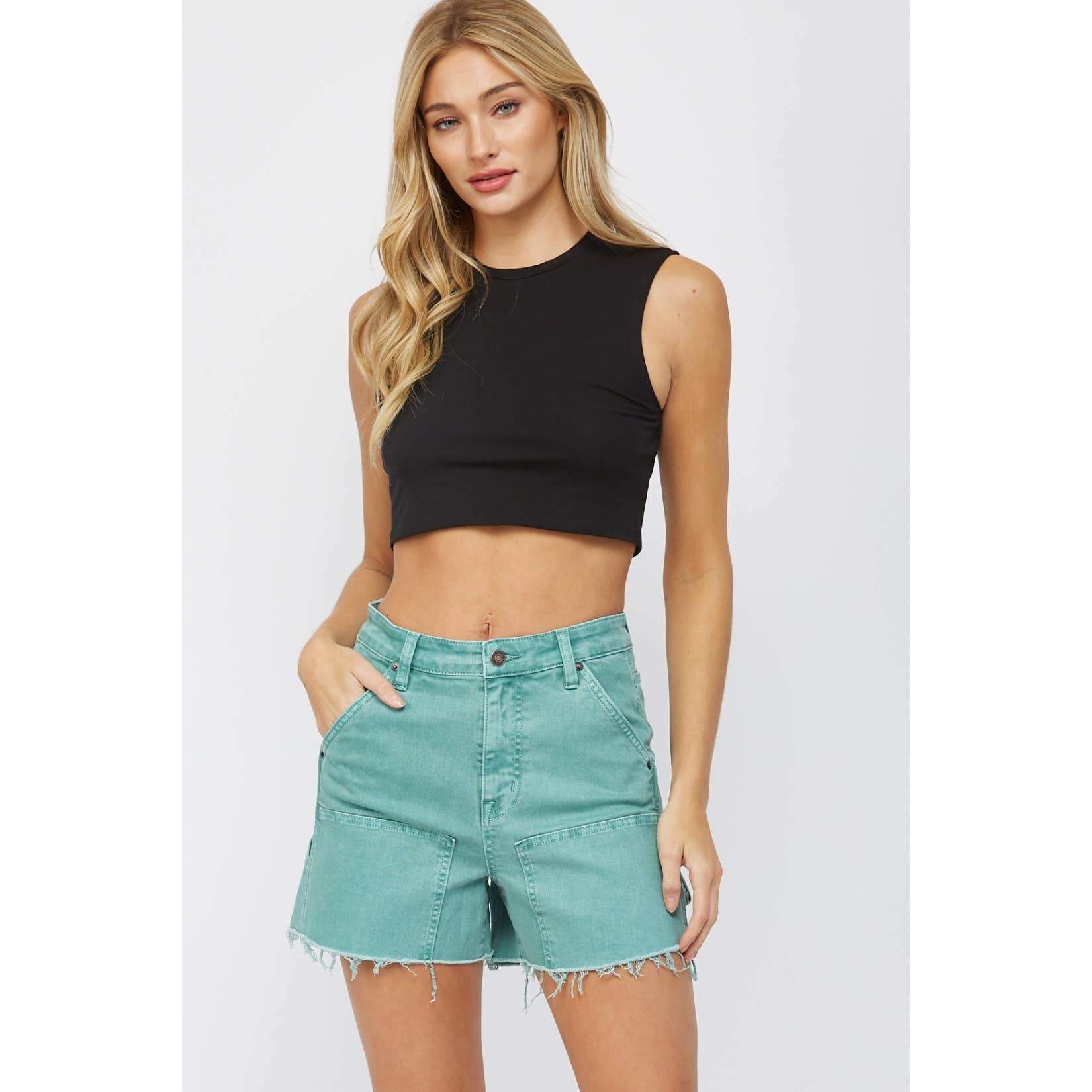 Teal Wash High-Rise Frayed Hem Carpenter Shorts