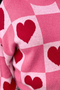 Mae An - Pink & Heart Checkered Valentine Crew Neck Sweater