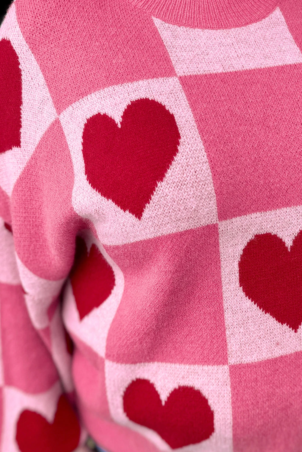 Mae An - Pink & Heart Checkered Valentine Crew Neck Sweater