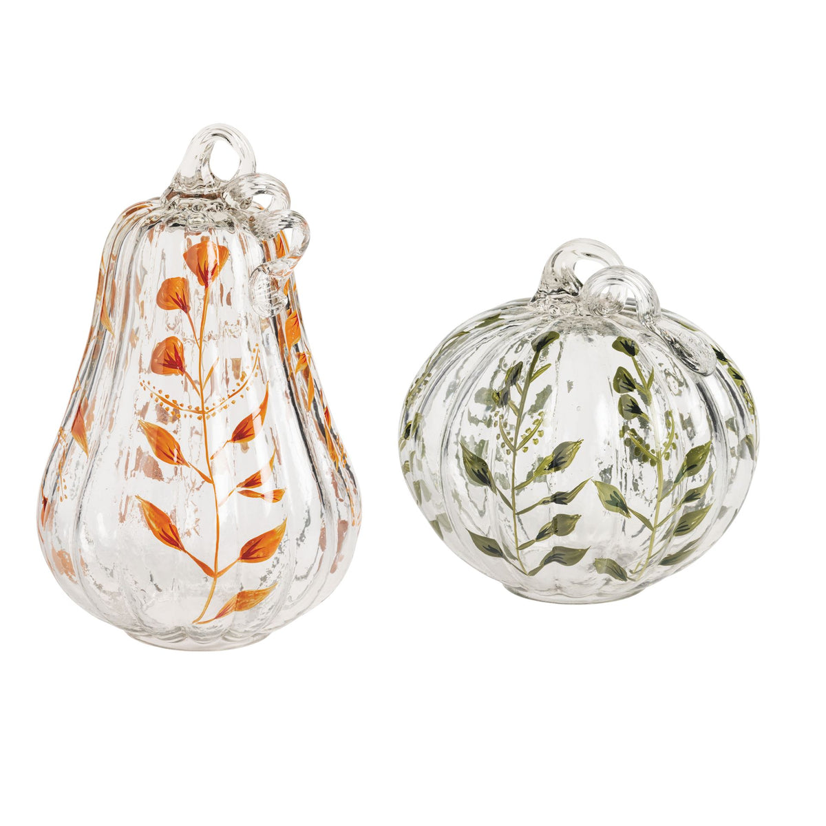 Mud Pie painted glass pumpkin sitters shown in both sizes
