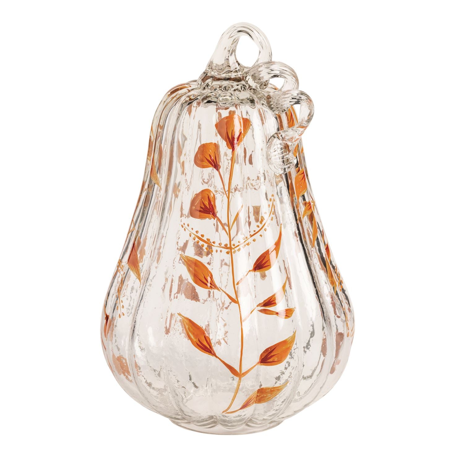 Large Painted Glass Pumpkin Sitter – Hand-Painted Vine & Floral Detail