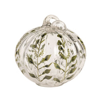 Mud Pie small hand-painted glass pumpkin sitter with green vine detail and curled glass stem