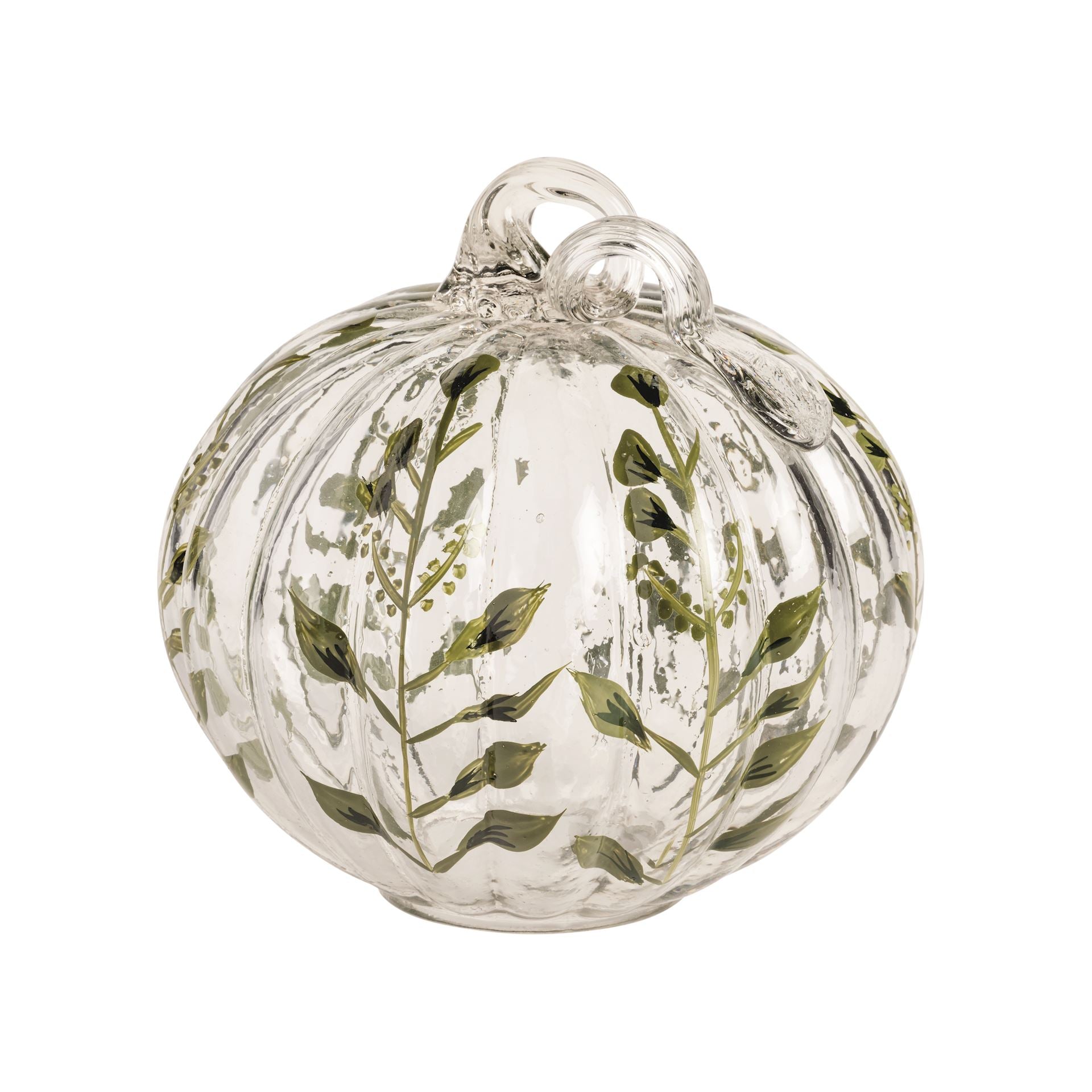 Mud Pie small hand-painted glass pumpkin sitter with green vine detail and curled glass stem