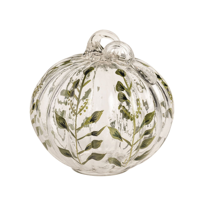 Mud Pie small hand-painted glass pumpkin sitter with green vine detail and curled glass stem
