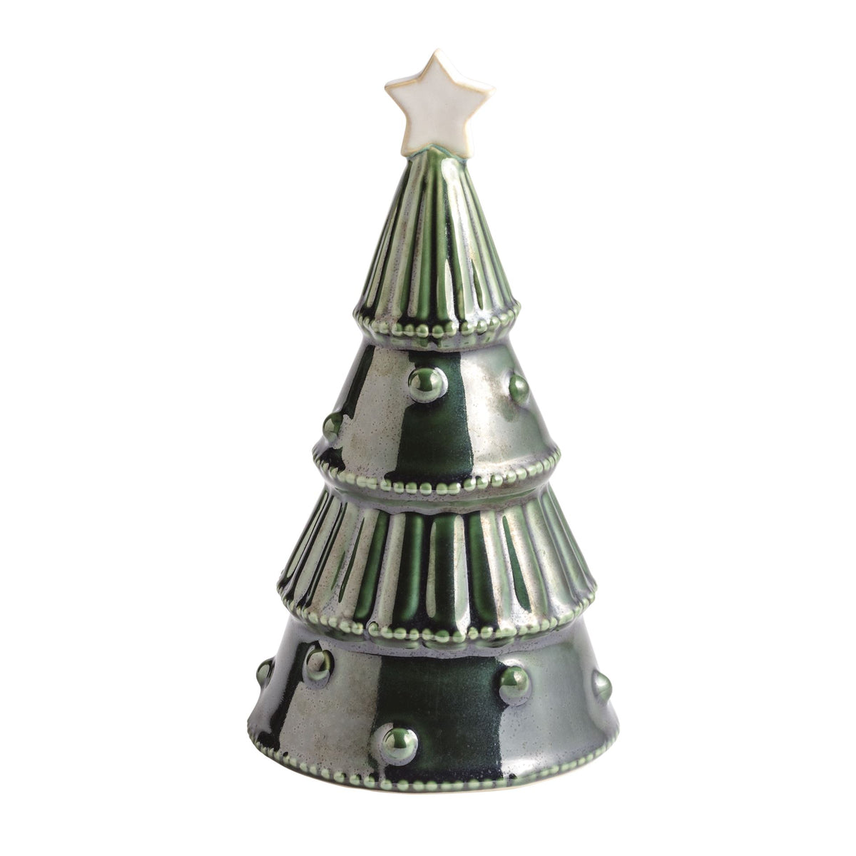 Mud Pie small tiered ceramic Christmas tree sitter in sage glaze with cream star