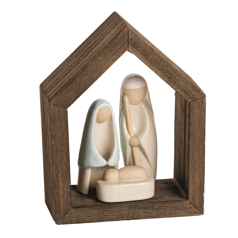 Mud Pie wood nativity scene set with carved Holy Family figures in a house-shaped frame