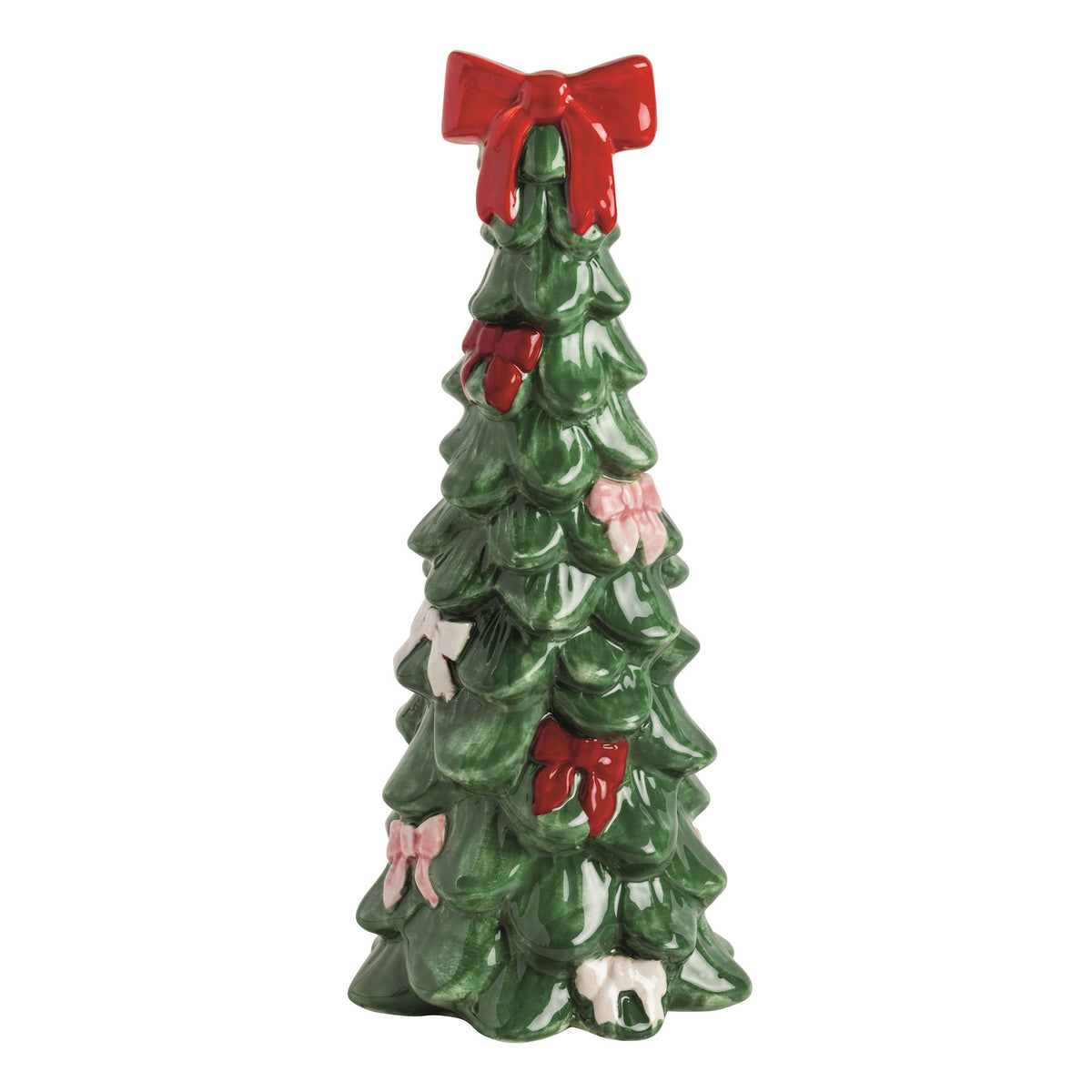 Mud Pie large ceramic Christmas tree sitter with snow-tipped branches and bow topper